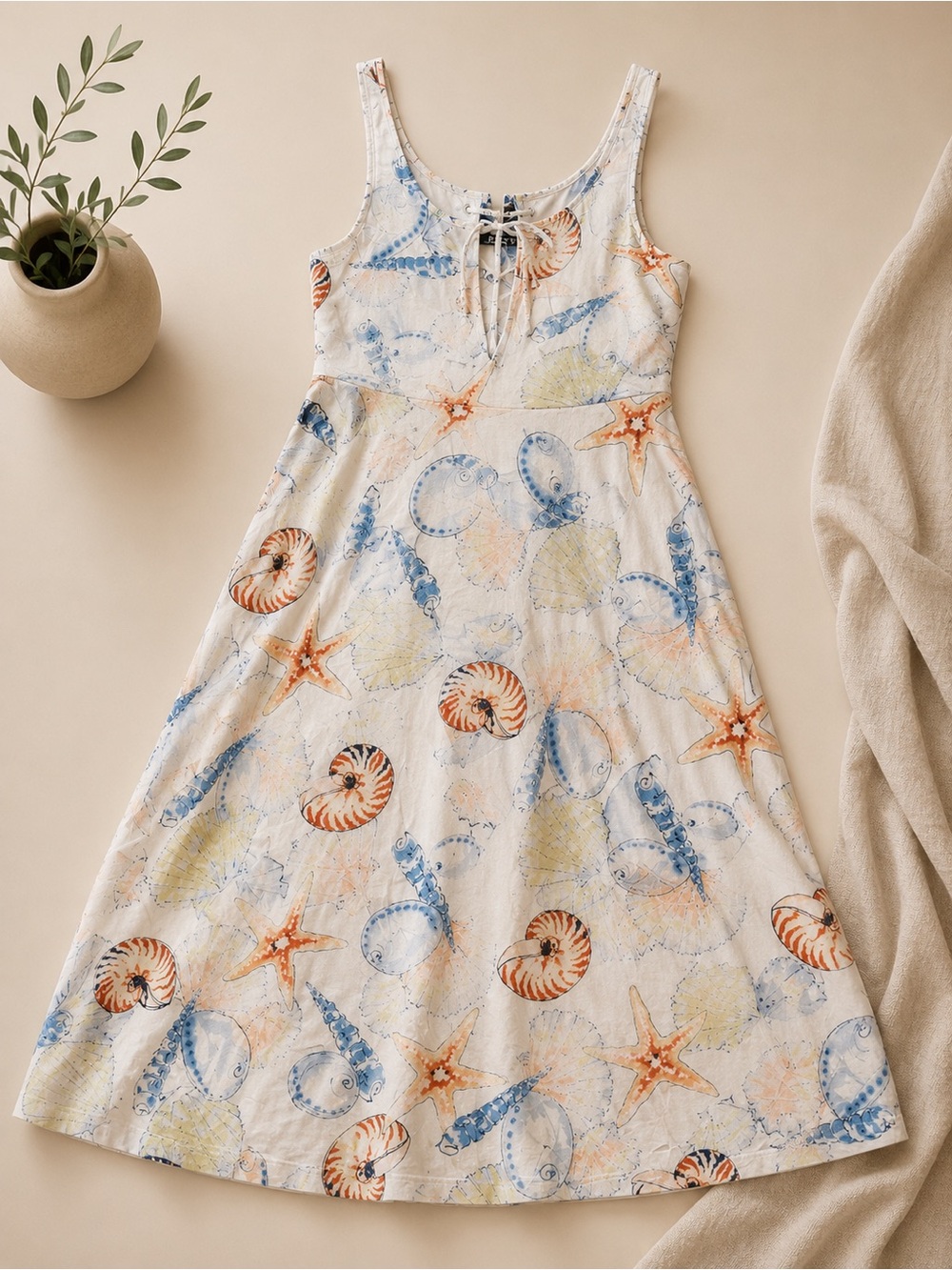 Chaps White Tank Dress with Blue and Orange Seashell Print